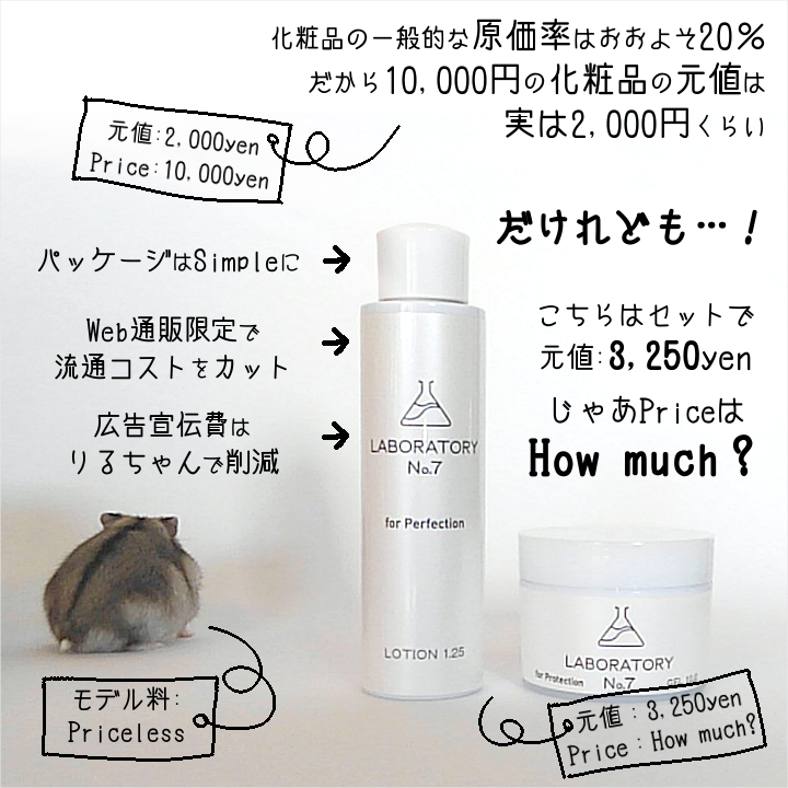 薬剤師の化粧品と背を向けたハムスター。コストや元値、原価の説明