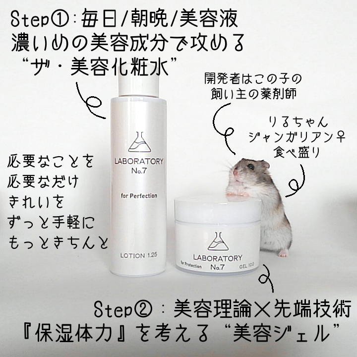 薬剤師の化粧品とハムスター。美容化粧水と美容ジェルのコンセプトの説明